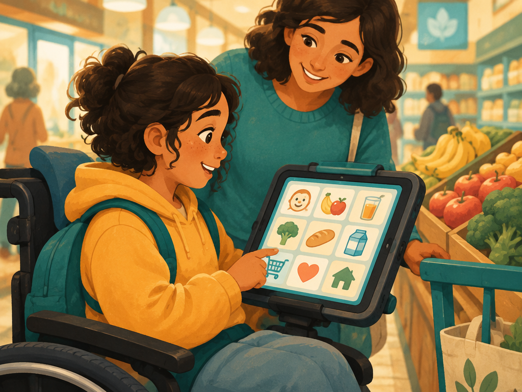 Pessoa usando comunicação alternativa em um tablet para escolher produtos com apoio de uma cuidadora